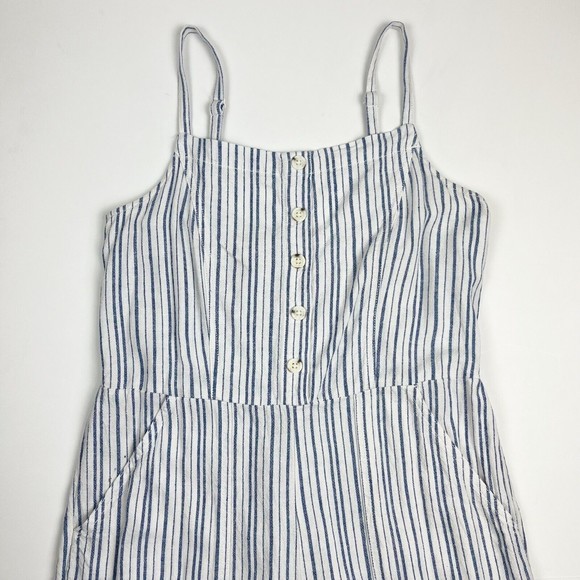 Old Navy Linen Cropped Jumpsuit Smocked Back Blue Stripe Boho Lagenlook - Picture 10 of 16